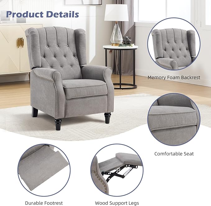 EBELLO Push Back Recliner Chair Fabric Accent Chair Pushback Recliner with Rivet Decoration Button-Tufted Back Mid Century Wingback Armchair for Living Room Bedroom Grey