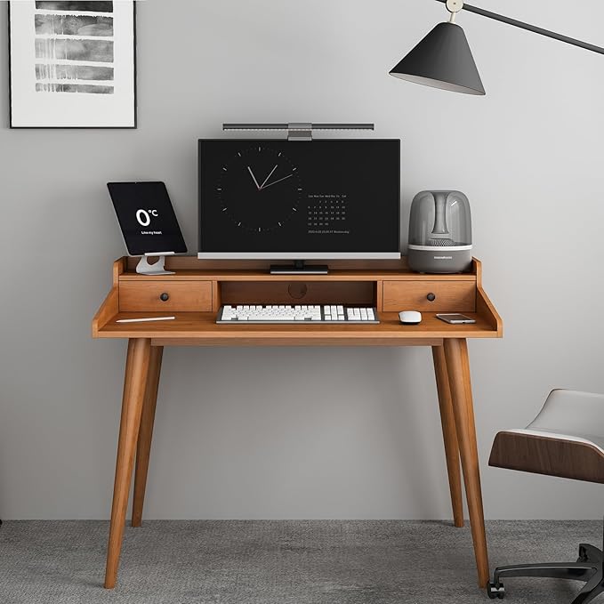 Mid Century Modern Desk 41 Wood Home Office Writing Computer or Laptop Desk with Monitor Stand Riser and Open Storage Cubby Vanity Desk with 2 Drawers
