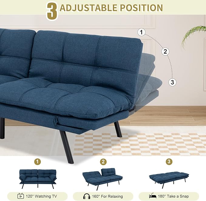 MUUEGM Convertible Futon Sofa Bed Memory Foam Futons Couch Bed 71 Adjustable Backrests and Armrests Sleeper Sofa Modern Love Seat Couch Bed for Living Room Small Space Office Blue