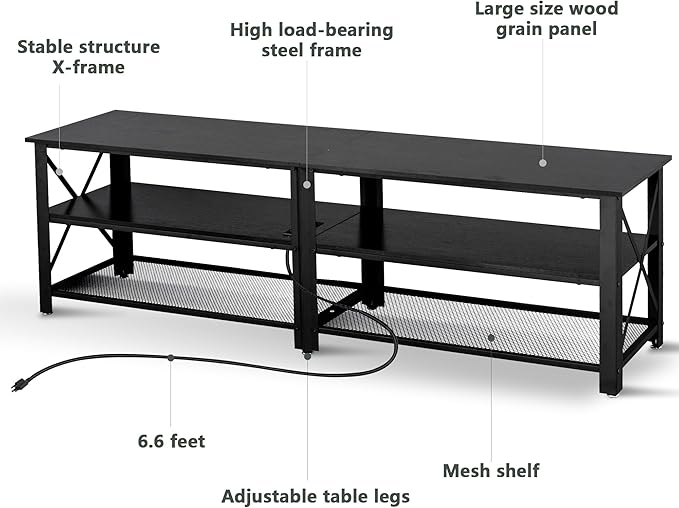 Clikuutory Modern Black 63 inch Metal TV Stand with LED Lights and Power Outlets for 40 50 55 60 65 70 Inch TVs 3 Tier Television Stands with Entertainment Center and Storage for Living Room Bedroom