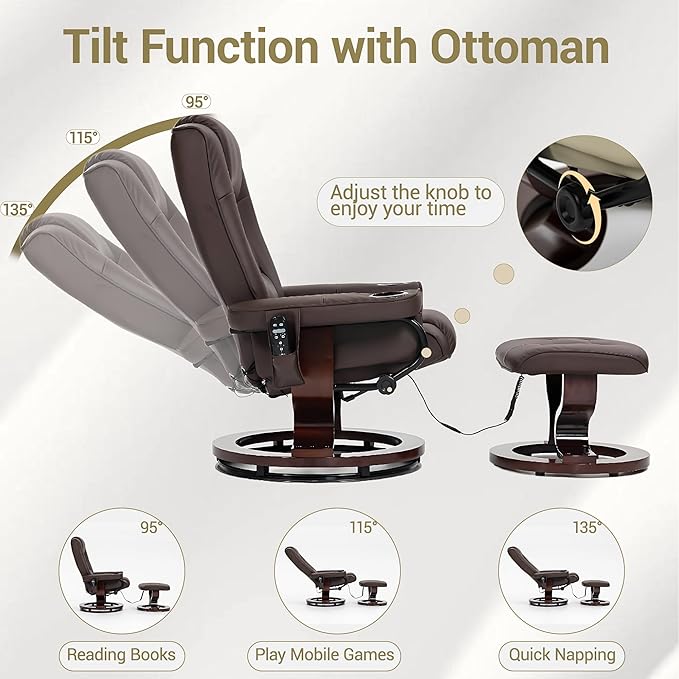 Massage Recliner with Ottoman Swivel Wood Base Accent Chair Faux PU Leather Lounge Chair with Footrest for Living Room Bedroom Brown