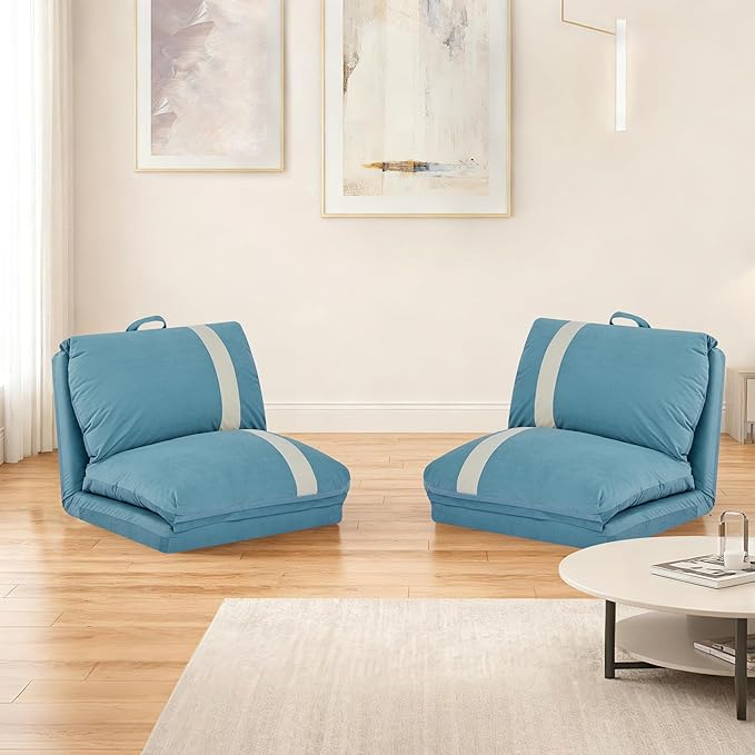 Folding Sofa Bed Set of 2 Convertible Floor Sofa with 6-Position Adjustable Backrest Metal Frame and Handle Futon Floor Couch for Dorm Bedroom Apartment Sky Blue
