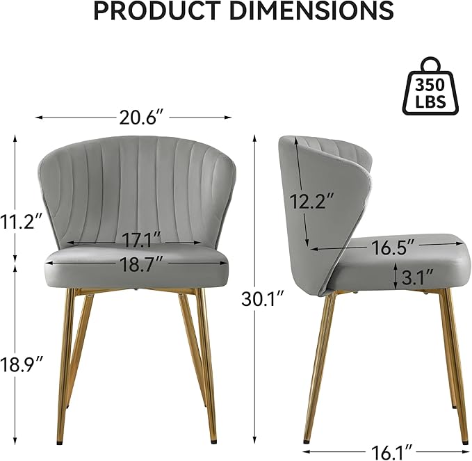 Velvet Vanity Chair Set of 2 Modern Makeup Chair with Back Golden Legs Small Cute Accent Chair for Vanity Living Room Bedroom Grey