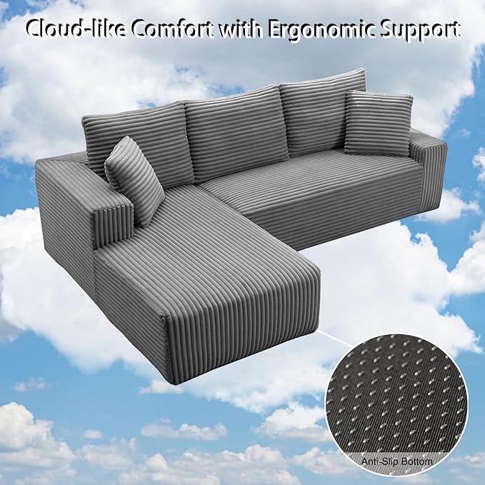 MEISIMAN 106'' Boneless Couch Cloud Couch - L Shaped Couch with Chaise Plush Corduroy Couch &amp Memory Foam Couch Modular Sectional Sofa Grey Couch for Living Room (Left Facing Chaise)