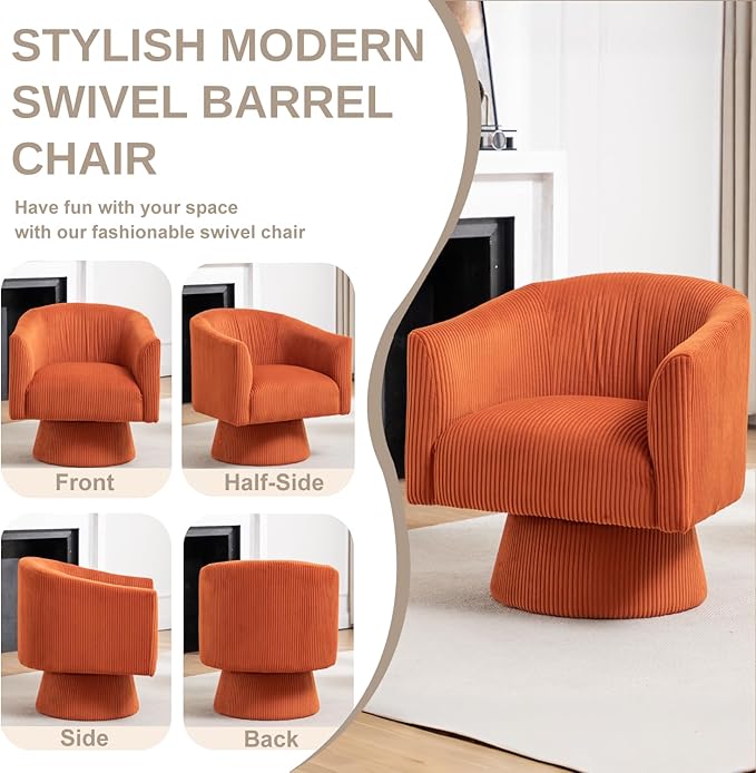 Swivel Accent ChairModern 360° Swivel Barrel Chair Corduroy Upholstered Single Sofa for Living Room Bedroom(Orange)