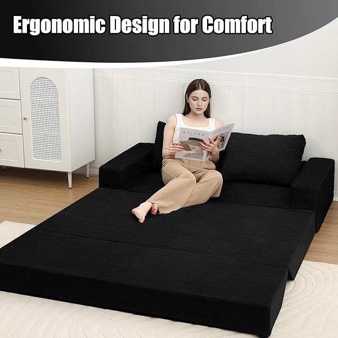 COMAX Convertible Sofa Bed Queen Corduroy Folding Floor Couch Pull Out Couch Bed Futon Sleeper with Pillows Fold Out Boneless Sofa Comfy Lounge Mattress Loveseat for Living Room Bedroom Black