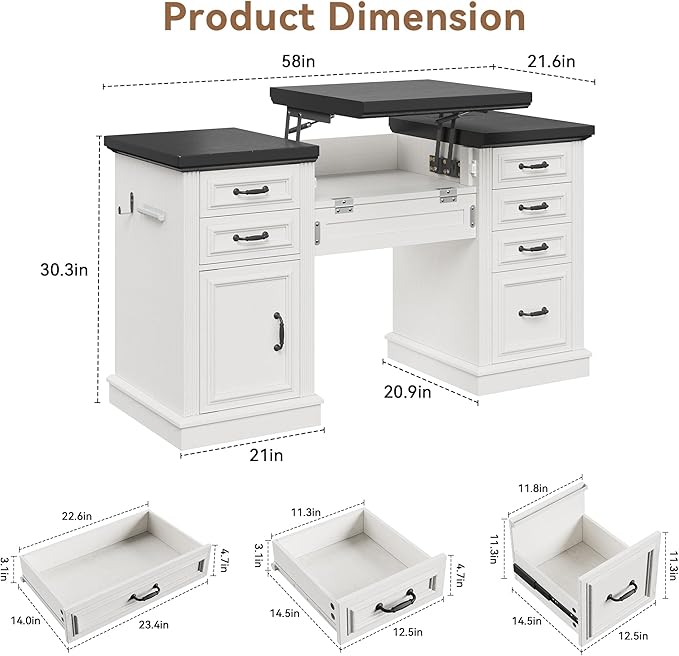 Farmhouse 57 Lift Up Executive Desk with 5 Drawers and Charging Station Wood Home Office Computer Desk with File Cabinet Storage Keyboard TrayHeadphone Hook for WorkStudy (White+Black)