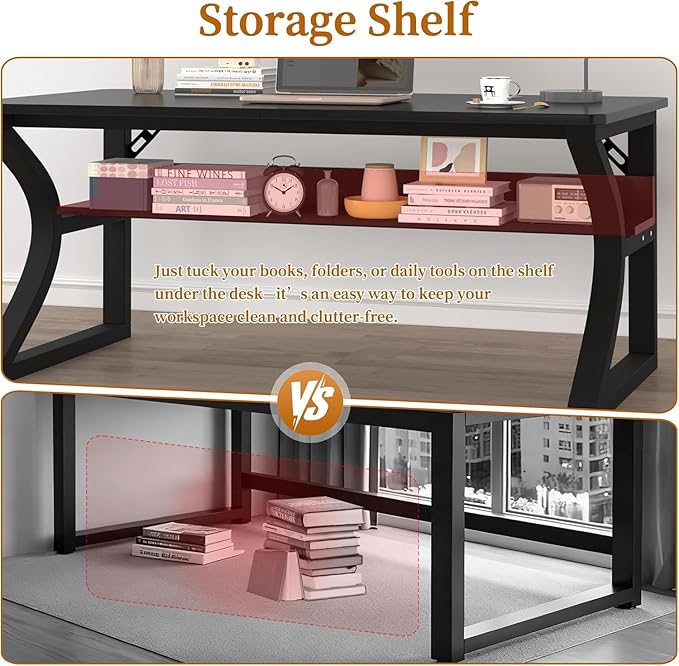 AZN Computer Desk 47 inch Office Desk for Home Office Study Desk with Storage Shelf and Cable Management C-Shaped Sturdy Writing Table for Small Spaces Gaming PC Desk Black