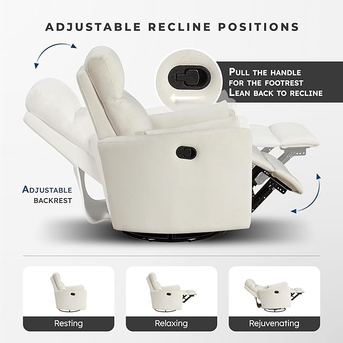 Lexicon Modern Swivel Glider Recliner Chair - Quiet 360 Swivel Chair Durable Microfiber Upholstered 2 Pillows Manual Reclining for Living Room Small Spaces Nursery Apartment Bedroom Beige