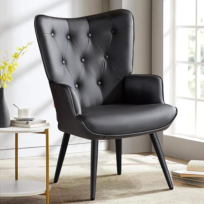 Furniliving PU Leather Accent Chair for Living Room Upholstered Reading Chair with High Backrest Tufted-Button Wingback Armchair for Bedroom Dressing Room Home Office Black