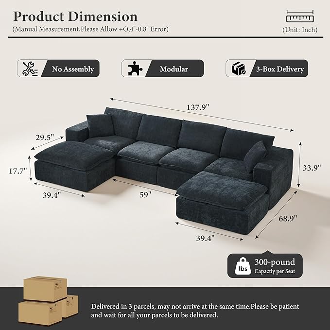 110 Sectional Couches for Living Room Boneless Couch Upholstered Cloud Couch Sectional Modular Sectional Sofa with L Shaped (Chenille-Dark Grey 4 Seat+2 Ottoman)