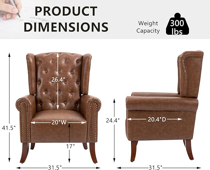 MOJAY Mid-Century PU Leather Accent Chair Living Room Lounge Sofa Chair with Buttons Single Club Armchair with Rivet Trim for Bedroom Home Reception (Brown)
