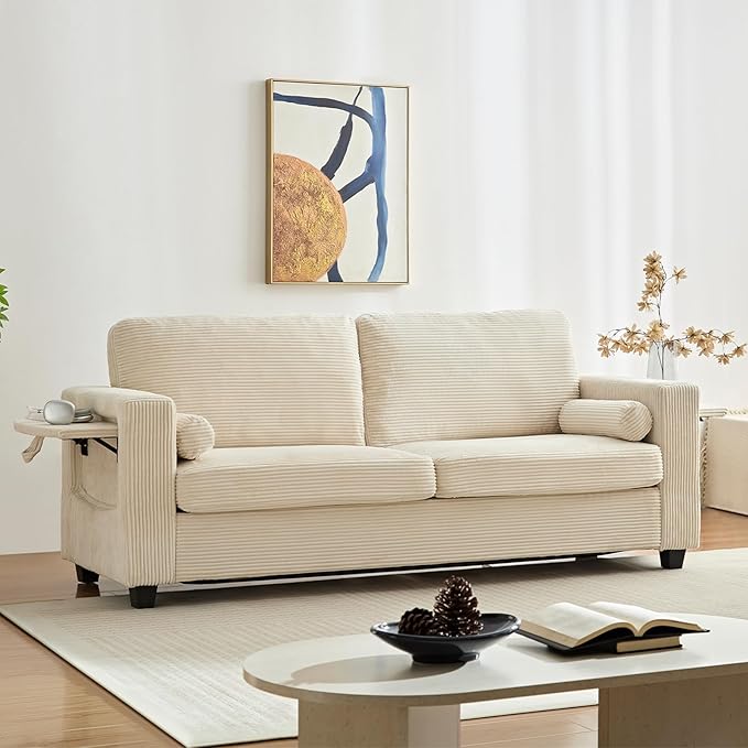 Mjkone 82 Width Queen Size Pull Out Sofa Bed Sleeper Couch with Pull Out Beds 2-in-1 Convertible Corduroy Loveseat Sleeper Sofa Couch Bed with Folding Mattress for Living Room Home Apartment Beige