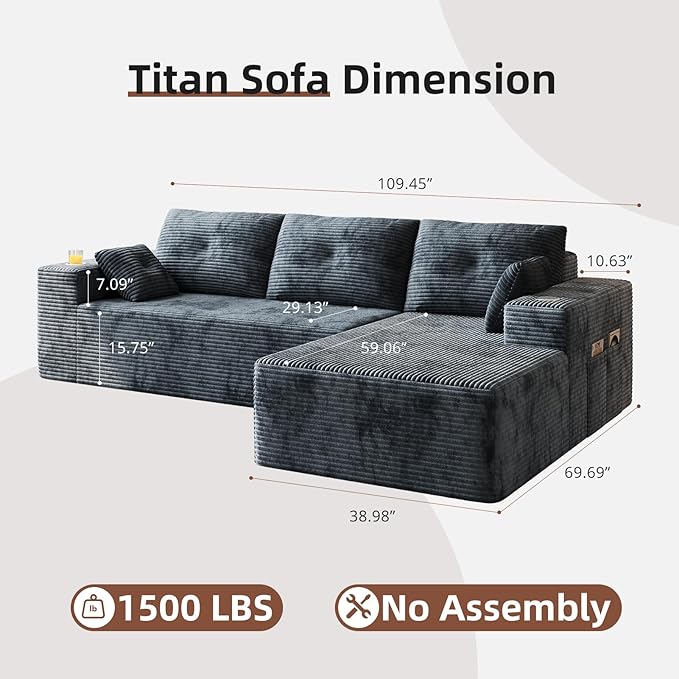 109 Boneless Couches for Living Room Modular Sectional Sofa with Oversized Chaise L-Shape Cloud Couch with Deep Seat (Dark Gray Right Facing Chaise)