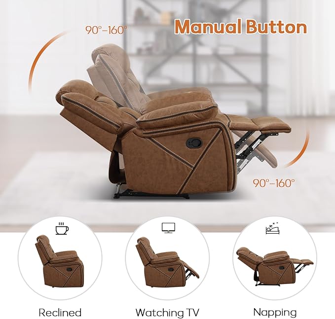 EBELLO Faux Leather Manual Loveseat Recliner 2 Seat Reclining Sofa Chair with Center Console Hidden Storage and Cup Holders Daul Recliner for Living Room Meeting Room Brown (Loveseat)
