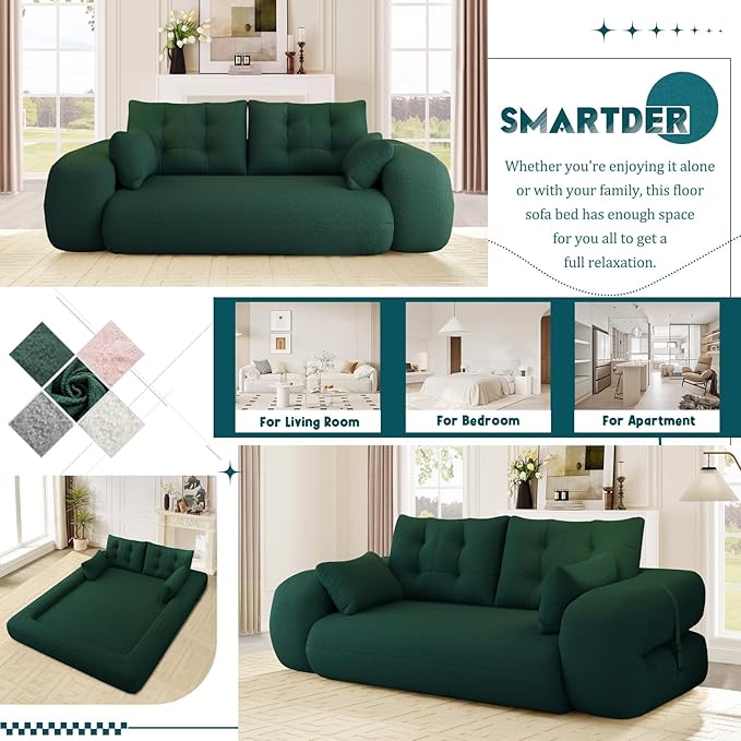 Convertible Sofa Bed with Folding Mattress Oversized Human Dog Bed 3-in-1 Sleeper Couch with Pillows and Thick Armrests 78.7 King Size Floor Sofa for Living Room Bedroom Guest Room Green Teddy