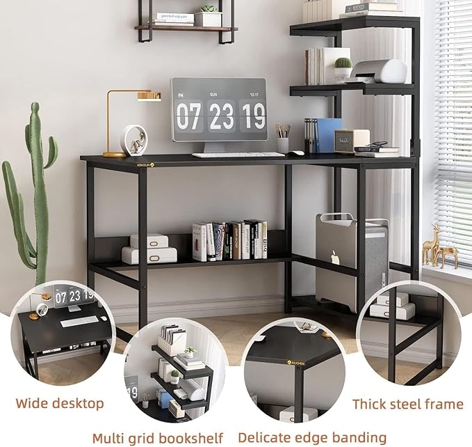 L-Shaped Computer Desk with 4-Tier Storage Shelves 43 inch Writing Desk with Bookshelf for Home Office Reversible Corner Gaming Desk for Bedroom Black (Black)