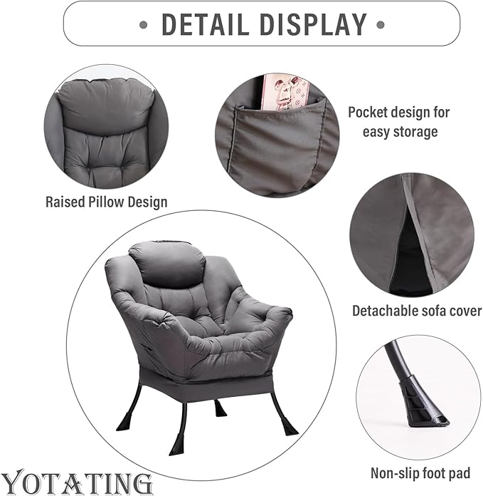 Lazy Chair with Ottoman Lounge Accent Arm Chair with Armrests Side Pocket and Footrest Leisure Upholstered Sofa Reading Chair with Footstool for Living Room Bedroom Dark Grey