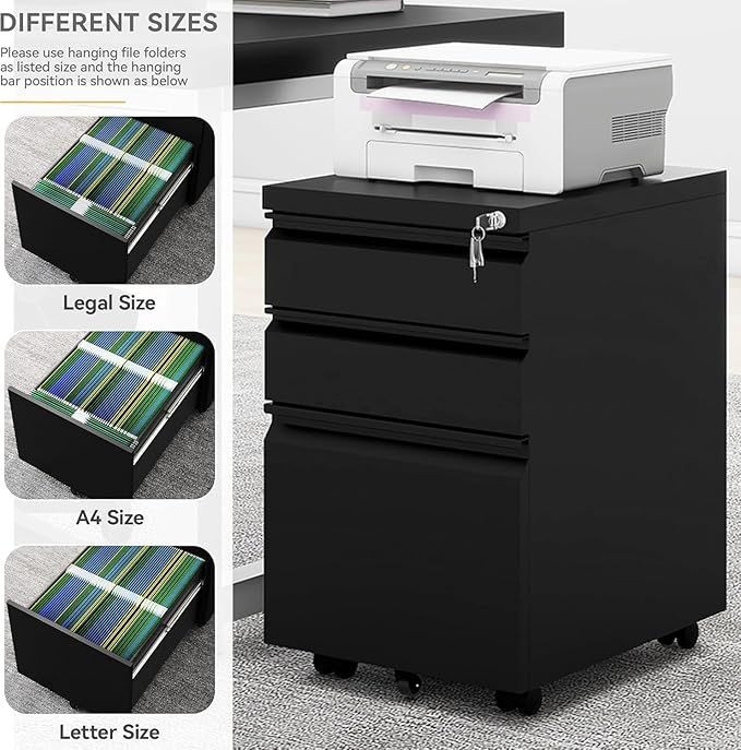 DWVO 3-Drawer Mobile File Cabinet Pre-Assembled Metal Filing Cabinet for Legal/Letter Size Lockable Office Storage with 6 Casters Black