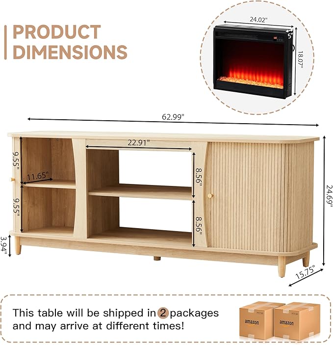 Fireplace TV Stand Fluted TV Stand with Storage and Sliding Door Farmhouse Entertainment Center Media Console Table for Living Room (Natural)
