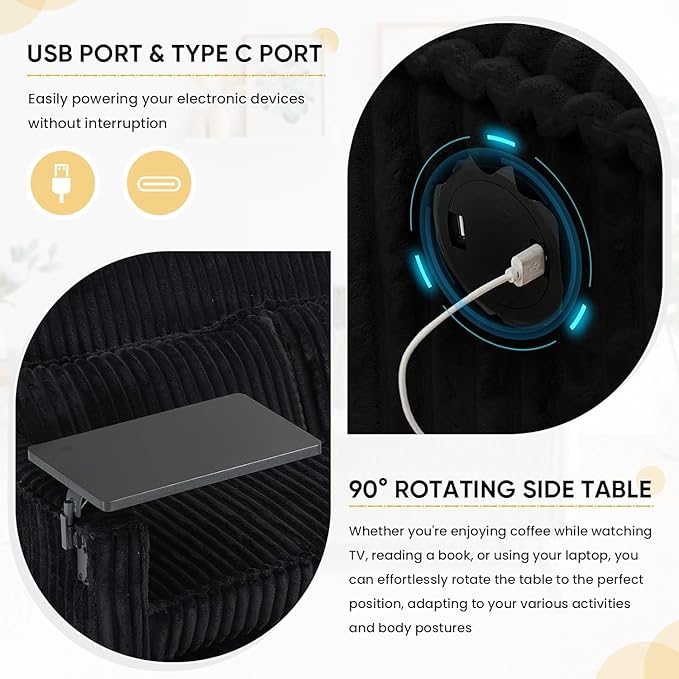 54'' Corduroy 3-in-1 Convertible Sofa Bed Pull Out Sleeper Loveseat Couch with USB Ports &amp Storage Pockets Futon Couches for Small Space Living Room Apartment (Black New)
