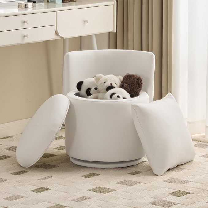 360° Swivel Vanity Chair with Storage PU Leather Round Storage Ottoman with Pillows No Assembly Modern Comfy Makeup Stool for Bedroom Dressing Living Room (White)