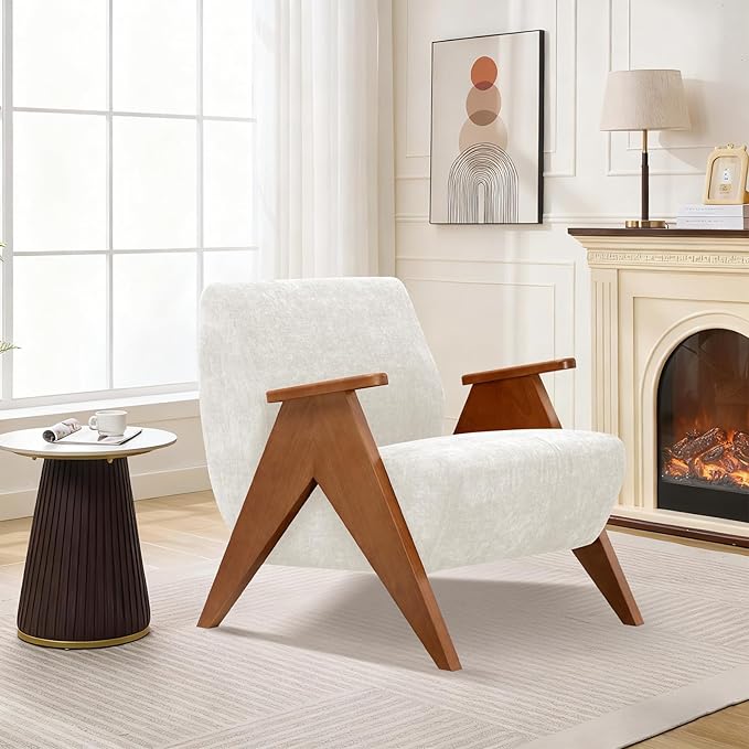 Home Accent Chair Mid Century Modern Accent Chair with Wood Frame Lounge Upholstered Armchair Reading Chair Sturdy BaseFor Living Room BedroomOfficeComfy Guest Waiting Room ChairsBeige