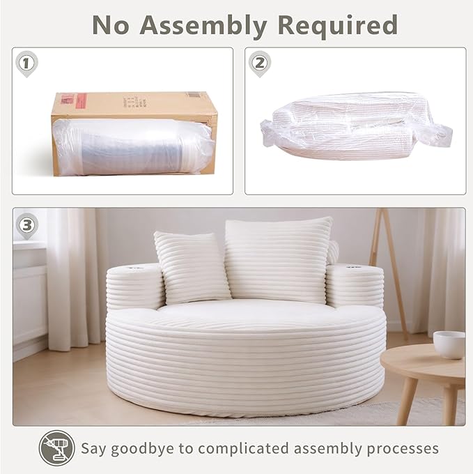 55 White Oversized Round Boneless Couch Sofa Velvet Memory Foam Cloud Couches Lounge Chair Comfy Fluffy Single Sofa with 3 Pillows for Living Room Bedroom No Assembly Required (White .)