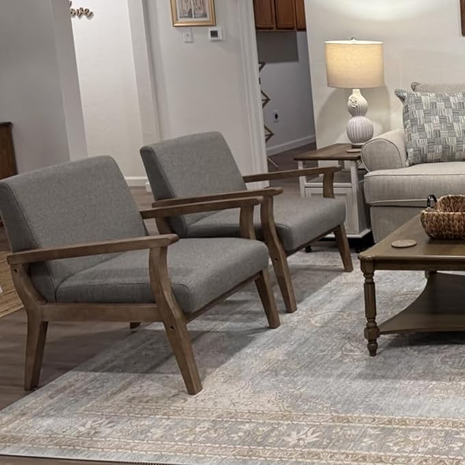 Mid Century Modern Accent Chair Set of 2 Linen Upholstered Living Room Accent Armchair with Wood Frame Farmhouse Chair for Living Room Bedroom Gray