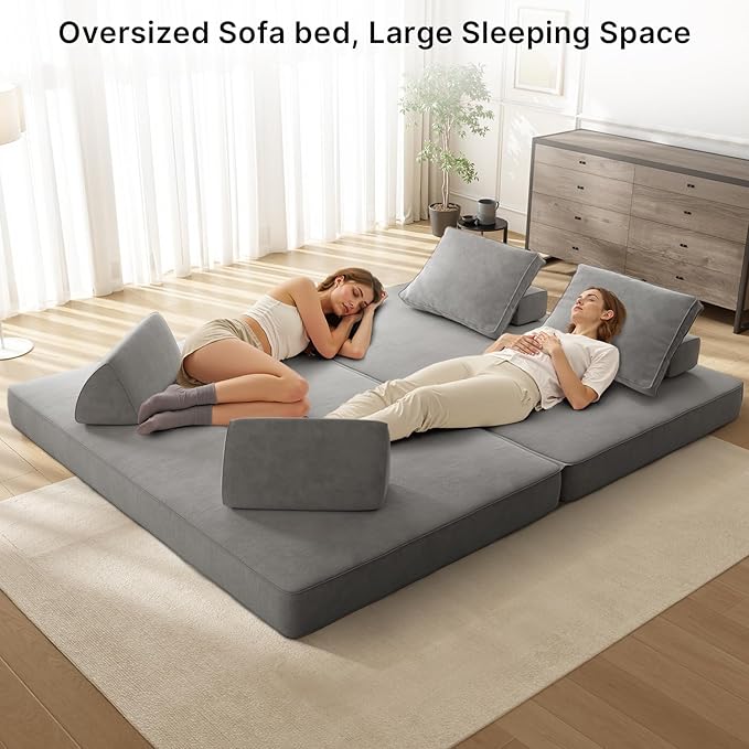 87 Folding Sofa Bed King Size Convertible Sleeper Sofa with Movable Backrest Foldable Futon Floor Couch Bed Chenille Boneless Couches for Living Room(Grey)