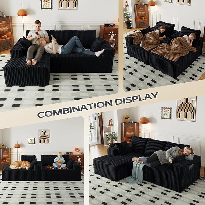 96 Cloud Sectional Couch with L-Shape Chaise4 Seat Modern Modular Sofa with Side Pockets Fluffy Upholstered Couches for Living Room Bedroom Memory Foam Corduroy Boneless CouchNo Assembly Required