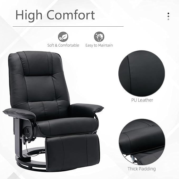 Faux Leather Manual ReclinerAdjustable Swivel Lounge Chair with FootrestCan Rotate 360 DegreesL-Right Angle Curved Wooden Frame Armrest and Wrapped Wood Base for Living RoomBlack