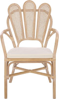 SAFAVIEH Home Collection – Maki White Washed Rattan Arm Chair with Ivory Seat Cushion Curved Scalloped Back Design Fully Assembled (ACH4904A)