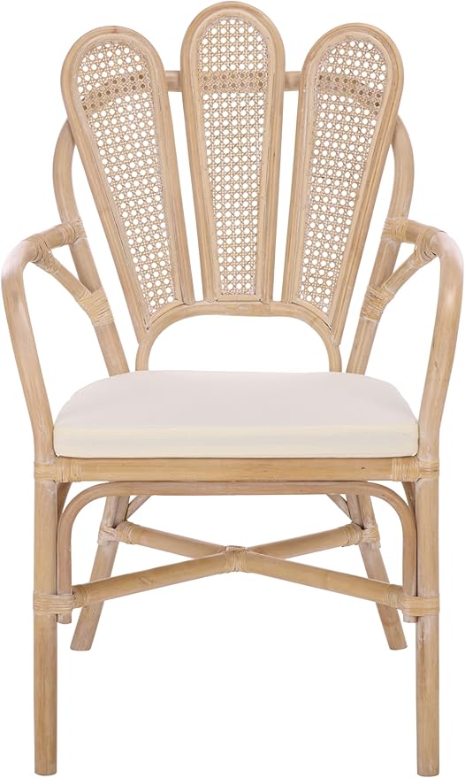 SAFAVIEH Home Collection – Maki White Washed Rattan Arm Chair with Ivory Seat Cushion Curved Scalloped Back Design Fully Assembled (ACH4904A)