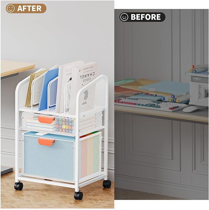 Marbrasse Rolling File Cart with Adjustable Dividers Mobile File Cabinet on Lockable Wheels Office Filing Cabinet Organizer Hanging File Folder Organizer for Home Office - White