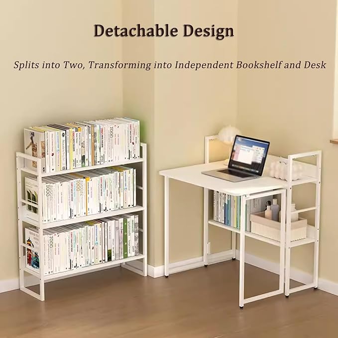 2-in-1 Bookshelf Desk Combo Folding Desk with Storage Shelf 5 Tier Bookshelf with Foldable Table White Carbon Steel Storage Rack with Wood Writing Desks for Home Office (31.5″)