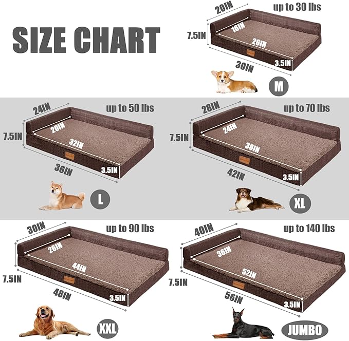 Patas Lague Orthopedic Dog Bed Medium Size Dog 30''X20'' Waterproof L Bolster Medium Pet Sofa Beds with Removable Washable Cover Soft Comfortable Pet Couch Crate Mat with Nonskid Bottom Brown