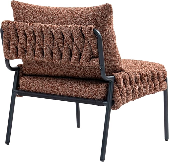 Modern Accent Lounge Chair with Braided Upholstery and Metal e Comfortable Armchair for Living Room or Bedroom Soft Cushioned Seat and Backrest Set of 1 (Brown)