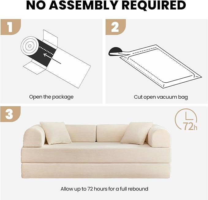 2026 Upgrade Convertible Sofa Bed 79 Inch Boneless Couch with Fixed-Shape Frame Corduroy Fabric with High Backrest Floor Sofa Modular Futon Couch for Living Room Bedroom Lounge (White) | High Backr