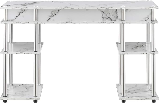 Convenience Concepts Designs2Go No Tools Desk Home Office Desk with Shelves Corner Shelf Vanity Desk Computer Desk Nail Table for Nail Tech - 47.25 L x 15.75 W x 30 H White Faux Marble