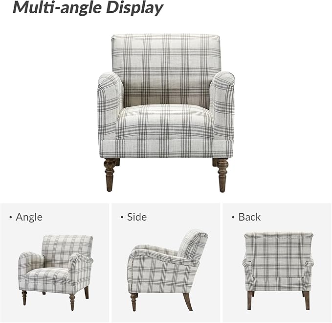 HULALA HOME Modern Accent Chair with Arms and Wooden Legs Comfy Upholstered Armchair for Living Room Bedroom (Plaid Pattern Grey)