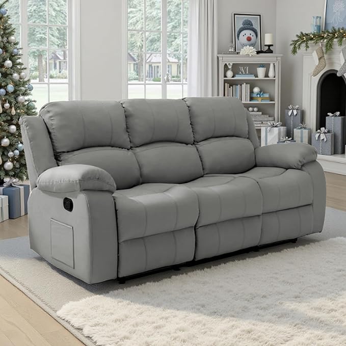 3 Seat Reclining Sofa Leather 3-Seater Manual Reclining Couch with Side Pocket Easy Assembly Reclining Loveseat Sofa for Living Room Meeting Room Bedroom Office Apartment RV