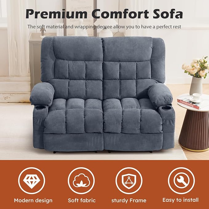 Recliner Loveseat with Cup Holders for Living Room Love Seat Manual Oversized Recliner with Ergonomic Side Pocket for Adult