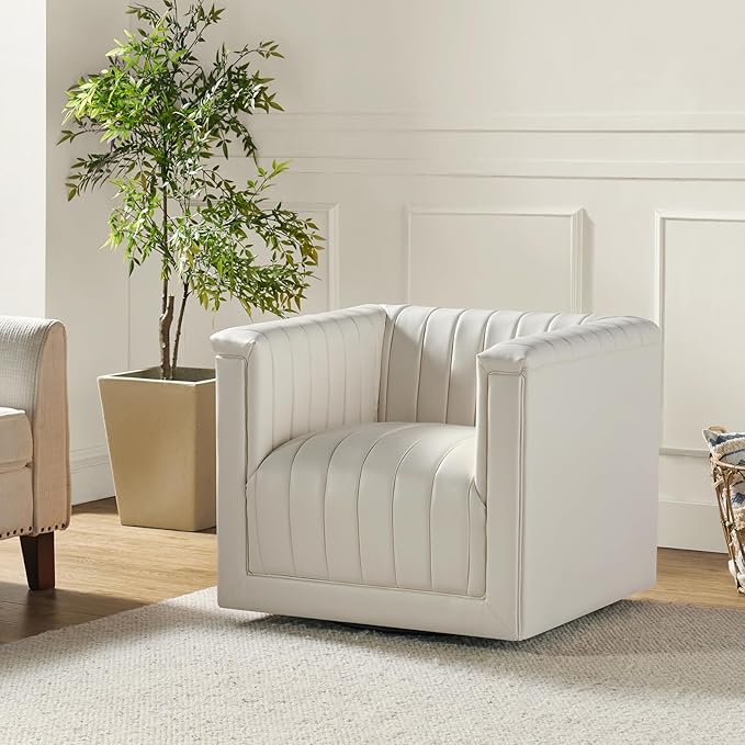 HULALA Home Faux Leather Swivel Accent Chair Set of 2 Boxy Silhouette Chair with Striped Arm Leather Barrel Chair with Herringbone Pattern(Ivory)