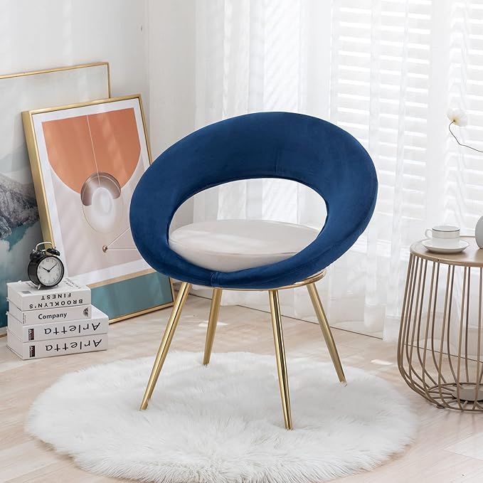 Navy Blue+Off-White Velvet Modern Accent/Conversation Lounge Chair with Gold Plated Legs Unique AppearanceSuitable for Office Lounge Living Room