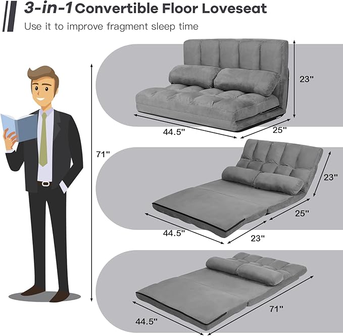 COSTWAY Floor Sofa Couch with 2 Pillows Foldable 6-Position Adjustable Lazy Sofa Bed Sleeper with Metal Frame Soft Suede Fabric Gaming Playing Lounge Recliner for Adults (Grey)