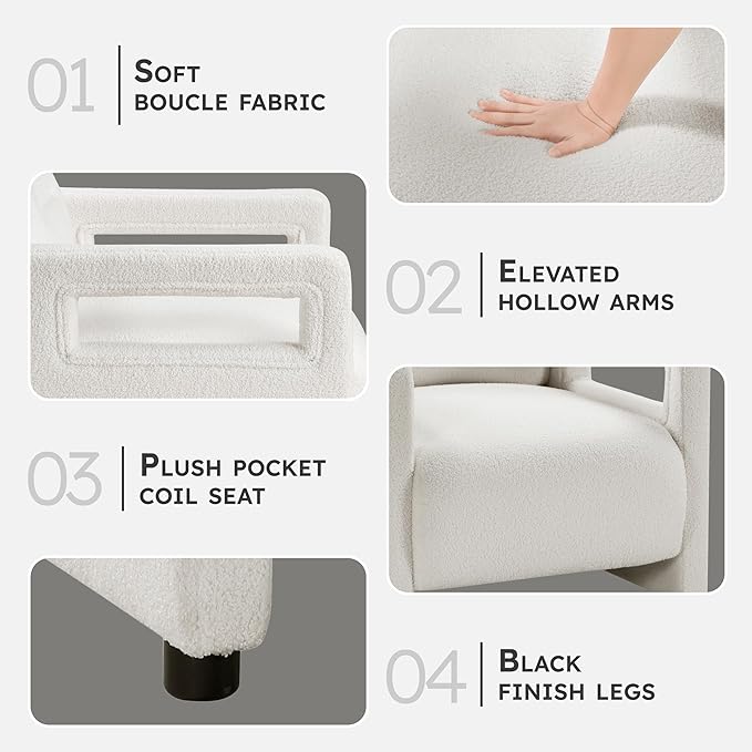 Lexicon 30 W Modern Accent Chair Boucle Fabric Upholstered Living Room Chair with Wrapped Square Armrests for Living Room/Bedroom Beige