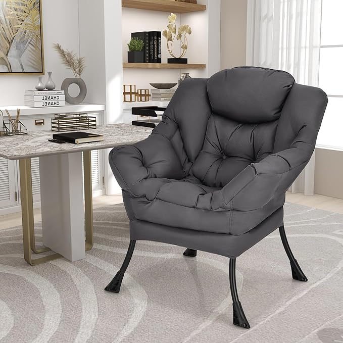 GORELAX Modern Lazy ChairUpholstered Lounge Accent Chair Single Leisure Sofa Chair with Armrests &amp Side Pocket Comfy Reading Chair for Bedroom Living Room Dorm Room (Grey)