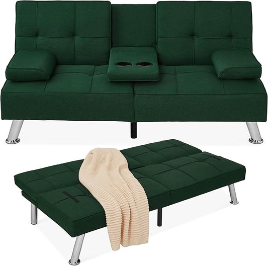 Best Choice Products Linen Modern Folding Futon Reclining Sofa Bed for Apartment Dorm w/Removable Armrests 2 Cupholders - Dark Green
