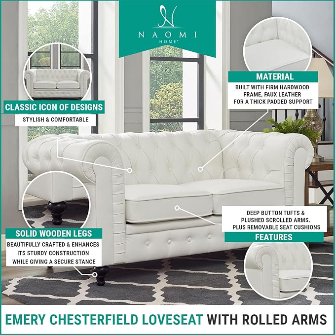 Naomi Home Emery Chesterfield Sofa Set White/Loveseat Only